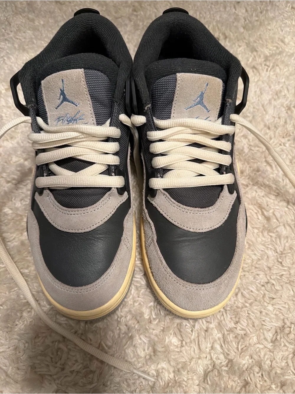 Jordan men’s Low-Top Sneakers in Black, Gray and Cream with Light Blue Jumpman